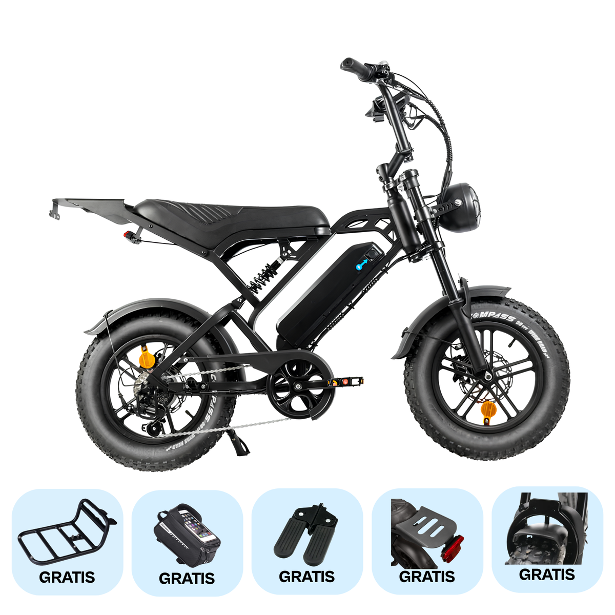 V20 Pro Mini Special Edition Zwart fatbike met accessoires - zijaanzicht